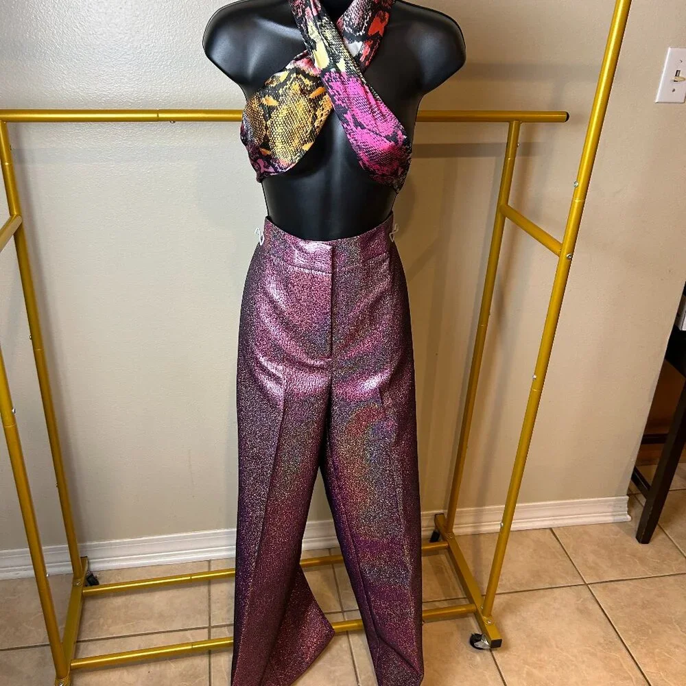 NWT ANTONIO MELANI Metallic Pink Wide-Leg Pants 6 - Picture 4 of 14